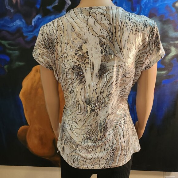 MSK, size S, scoop neck, short sleeve top, flowing, sequins, nuetral colors - Picture 9 of 14